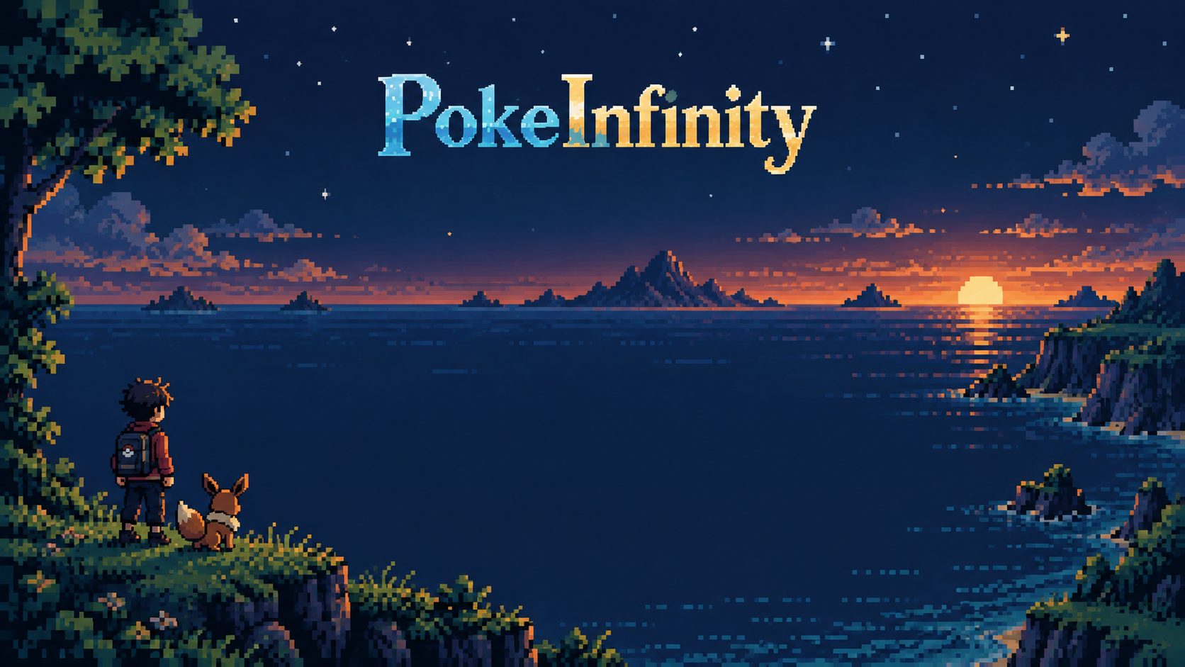 PokéInfinity pixel artwork of a trainer and Eevee overlooking the sea at sunset